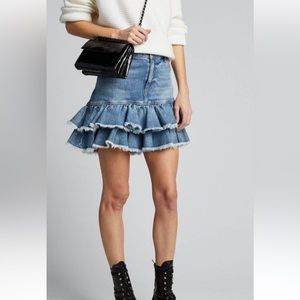 ALICE + OLIVIA GOOD RUFFLED DENIM MINI SKIRT